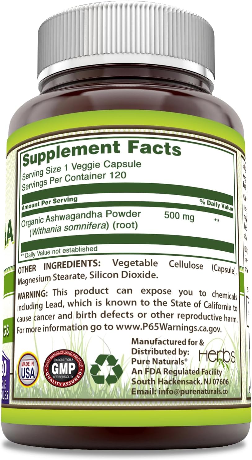 Pure Naturals Ashwagandha 500 mg por ración, 120 cápsulas vegetales - No transgénico, Sin gluten, Hecho en EE. UU.
