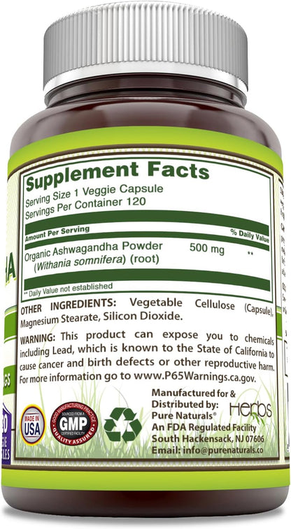 Pure Naturals Ashwagandha 500 mg por ración, 120 cápsulas vegetales - No transgénico, Sin gluten, Hecho en EE. UU. – Image 3