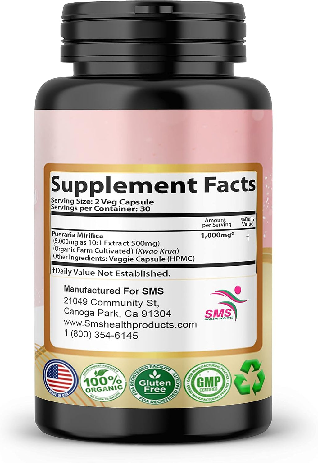 Pueraria Mirifica Cápsulas, 1000mg diarios, Extracto Orgánico de Raíz, 60 Cápsulas Veganas
