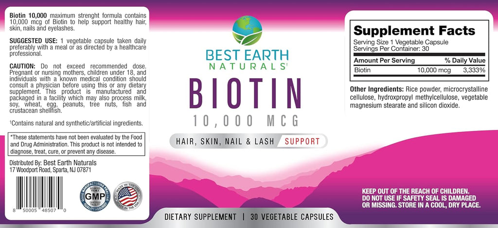 Best Earth Naturals Biotina 10.000 µg - Complemento de biotina de alta resistencia