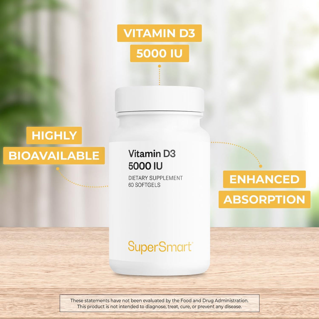Supersmart - Vitamina D3 5000 UI (125mcg) - High Potency and Bioavailability - with Sunflower Oil | Non-GMO and Gluten-Free - 60 Softgels