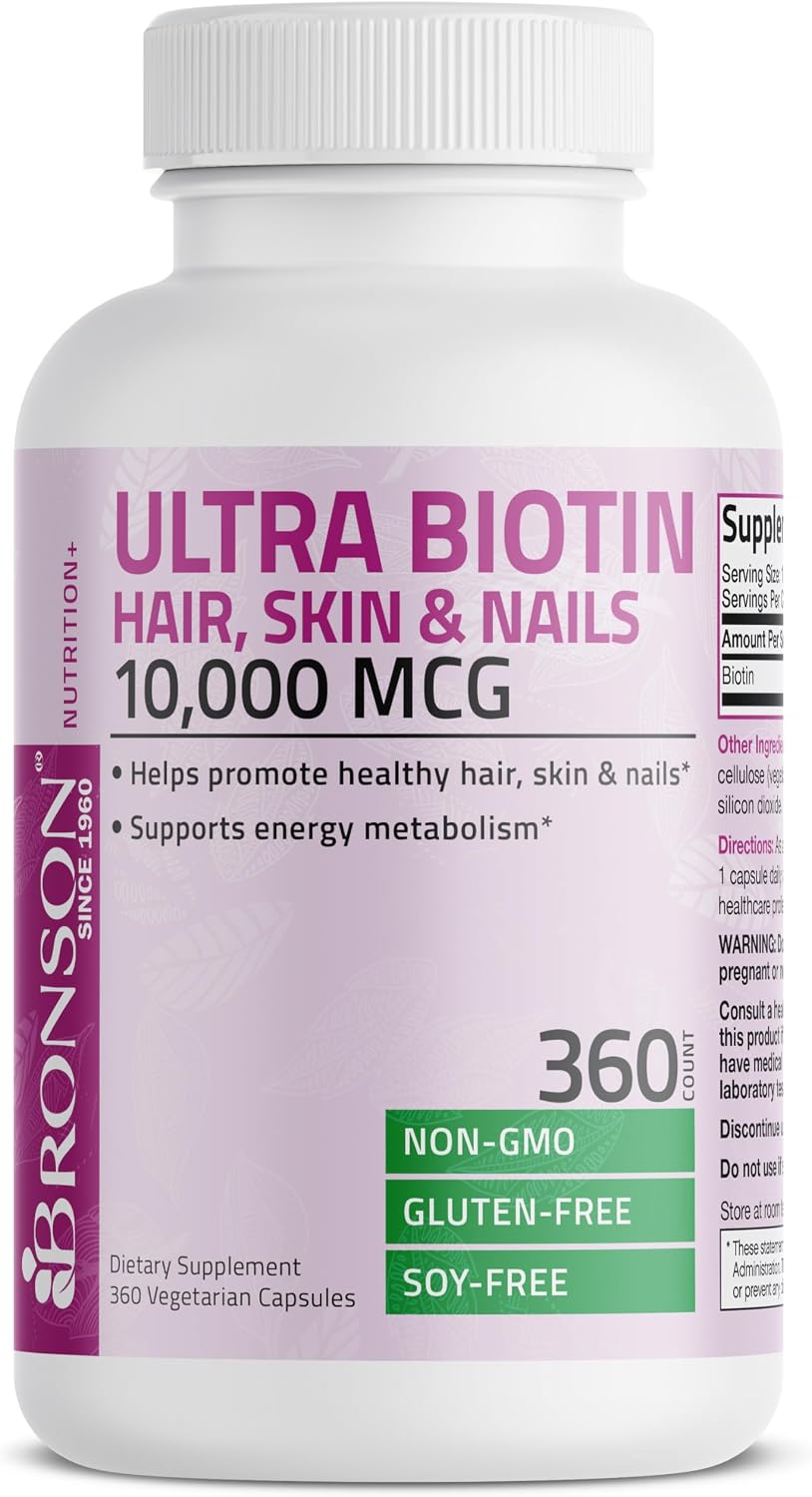 Bronson Ultra Biotina 10.000 mcg - Complemento para Cabello, Piel y Uñas - 360 Cápsulas Vegetales