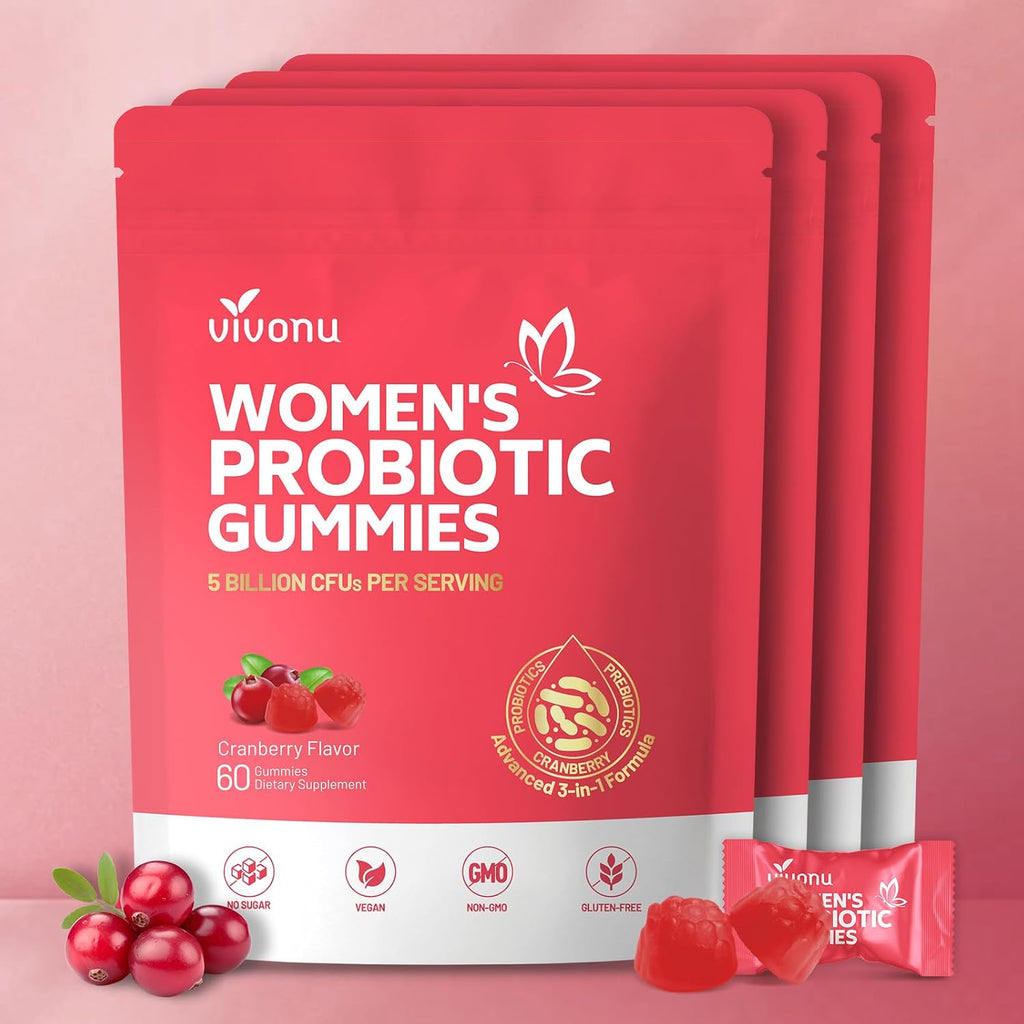 VivoNu Probióticos Femeninos en Gominolas - Equilibrio Vaginal y Digestivo - 60 Gominolas de Arándano Rojo