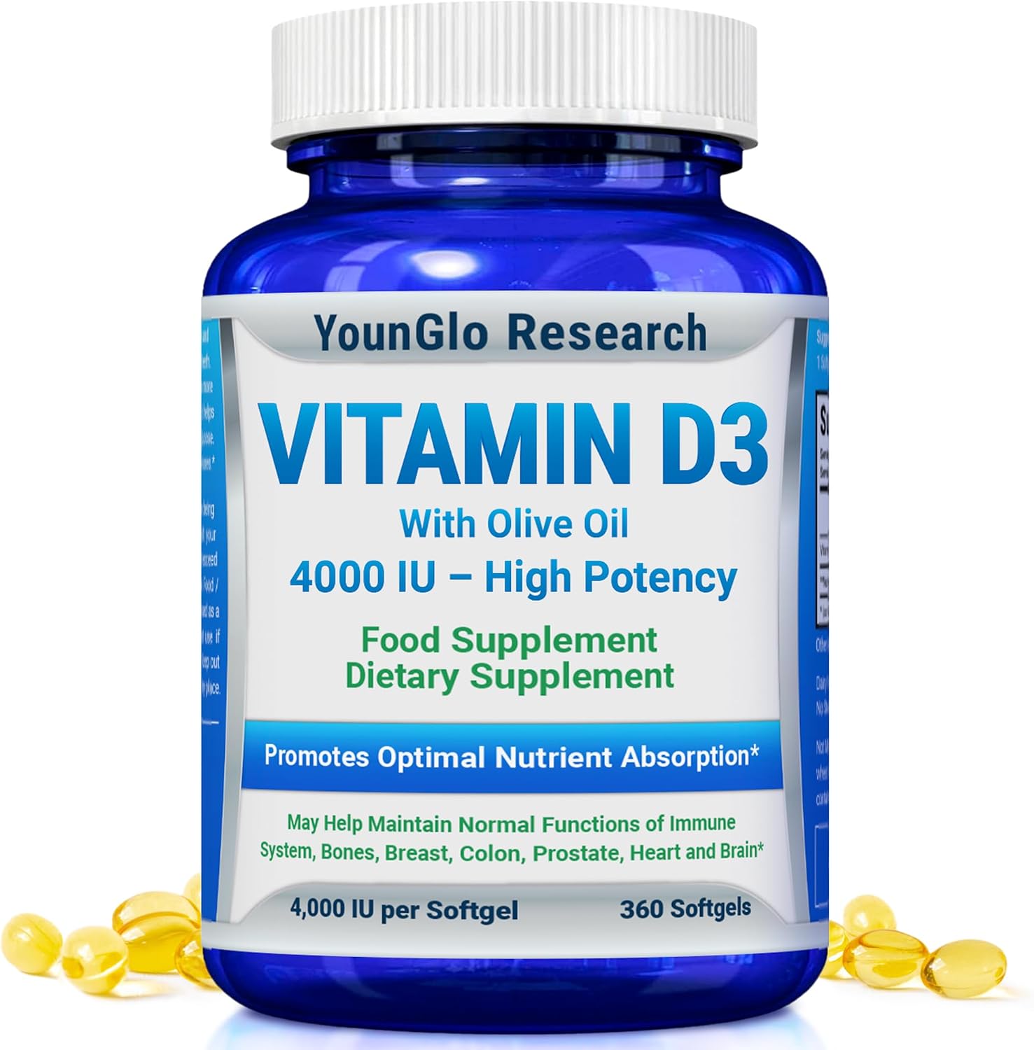 Vitamin D3 4000 IU Food Supplement - 360 Softgels - YounGlo Research