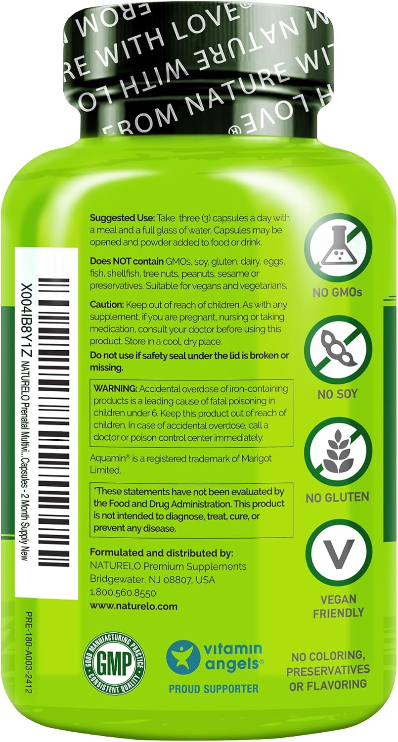 NATURELO Multivitamínico Prenatal con Hierro Quelado Suave, Folato Metílico, Calcio Vegetal y Colina - Vegano - Sin Gluten - 180 Cápsulas