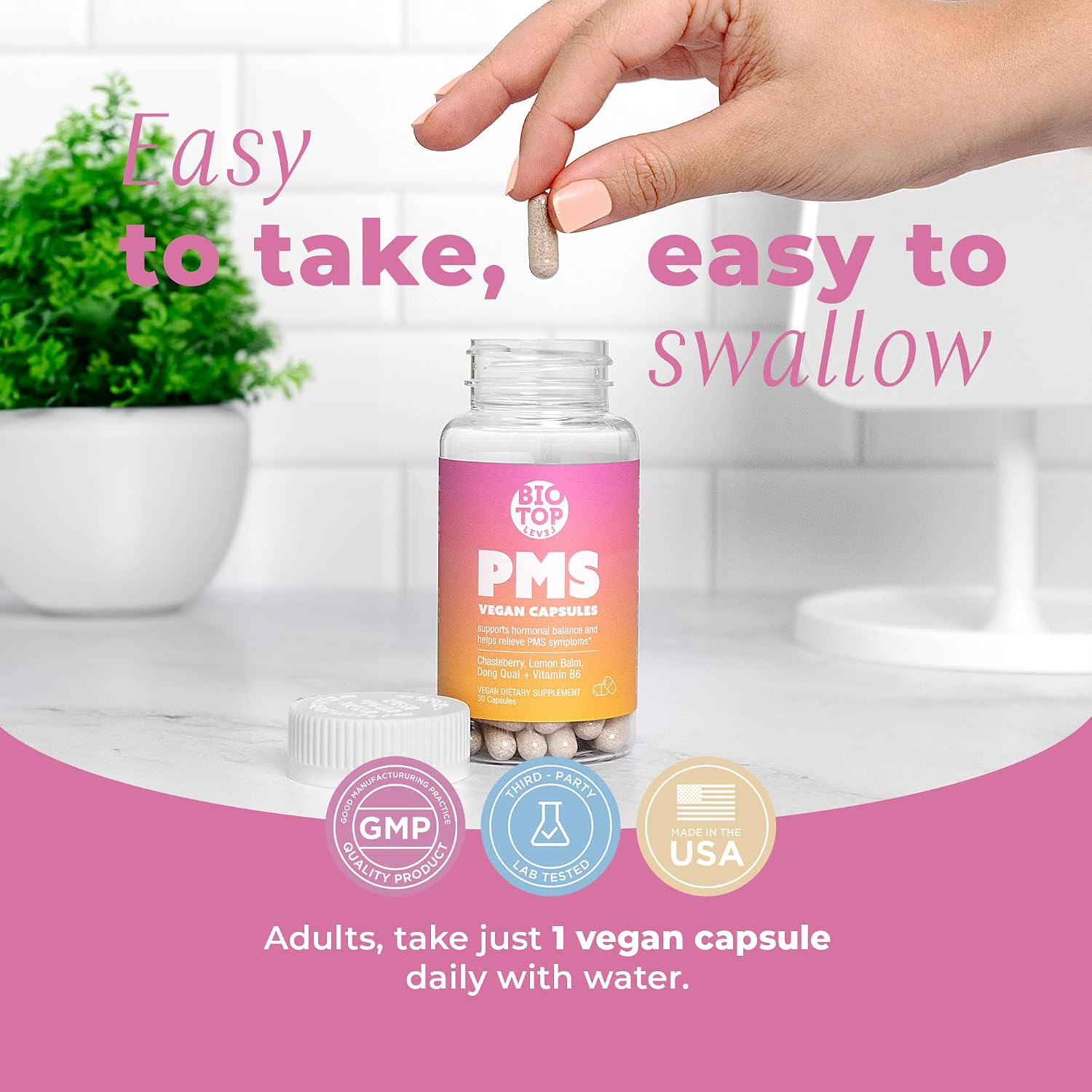 Suplemento para el Alivio del PMS con Vitex, Vitamina B6, Melisa y Dong Quai - 30 Cápsulas Veganas