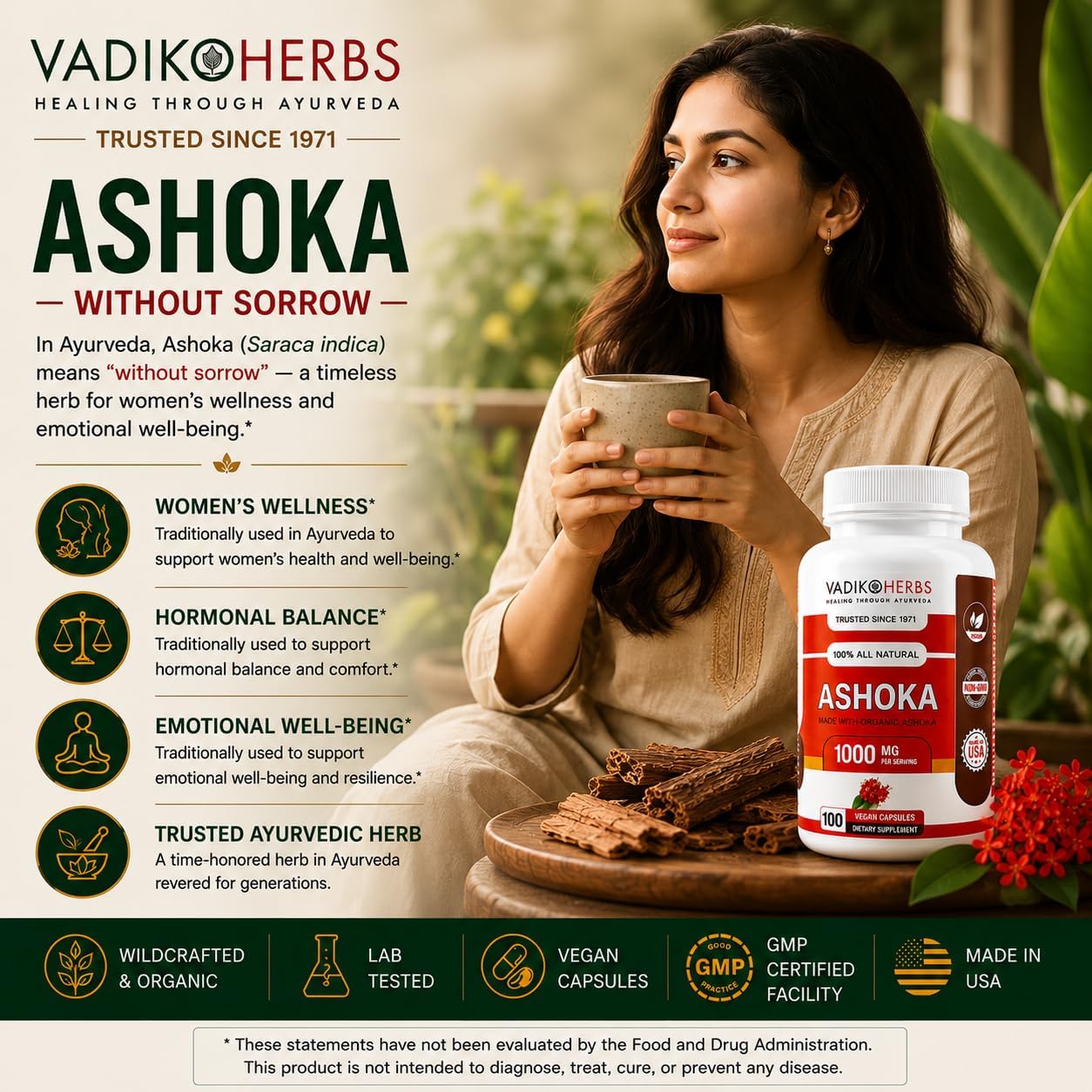 Vadik Herbs Cápsulas de corteza de Ashoka orgánica - 1000mg