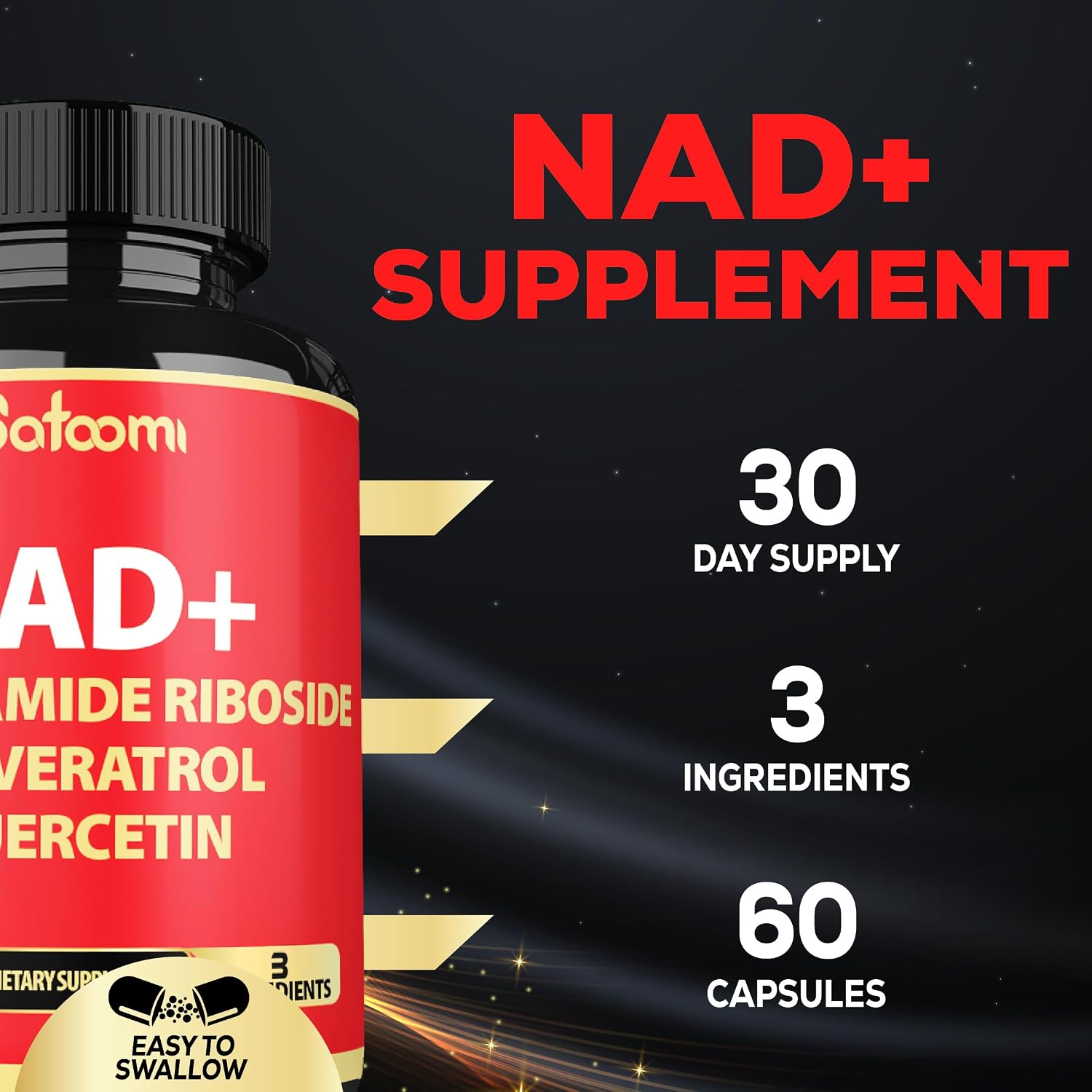 Satoomi Suplemento NAD con Nicotinamida Ribósido, Resveratrol y Quercetina - 60 Cápsulas - 30 Días