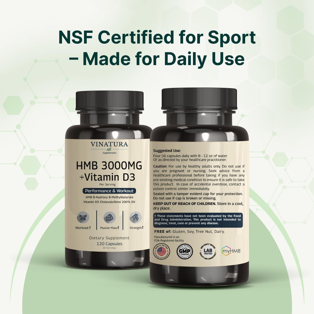 VINATURA HMB 3000mg y Vitamina D3 Suplemento Defensa Muscular - 120 Cápsulas