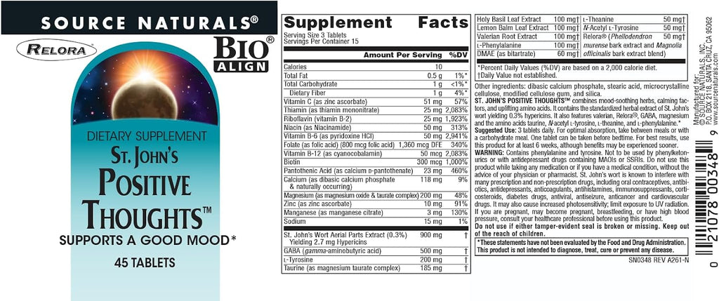 Source Naturals St. John's Positive Thoughts - 45 comprimidos para el apoyo del estado de ánimo