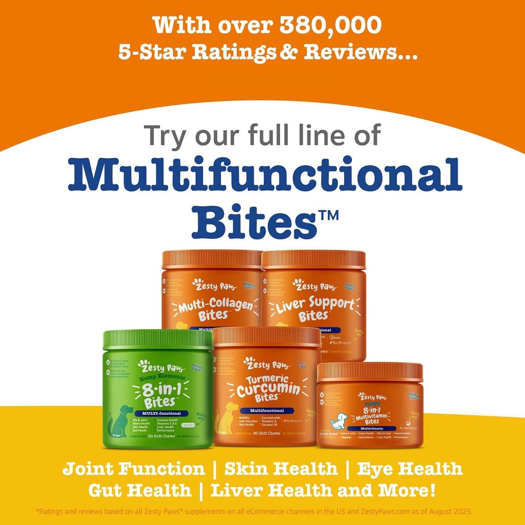 Zesty Paws Multivitamínico para Perros - Masticables con Glucosamina, Condroitina, Probióticos y Enzimas Digestivas, Apoyo para Articulaciones, Piel y Pelaje, Sabor Mantequilla de Maní - 90 unidades