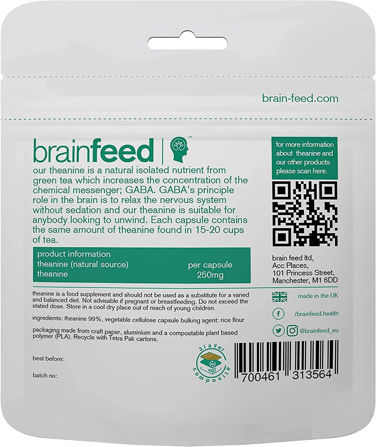 Pure L-theanine 250mg - 60 Cápsulas Veganas - Complemento Alimenticio para el Estrés y la Relajación