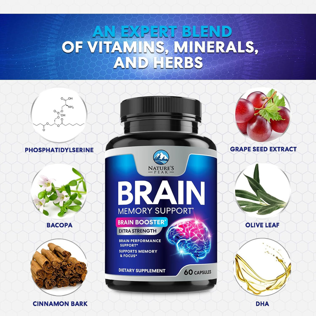 Nature's Peak Suplemento para la Memoria y Concentración - 3X Fuerza Nootrópico con Bacopa, Ginkgo Biloba y DMAE - 60 Cápsulas
