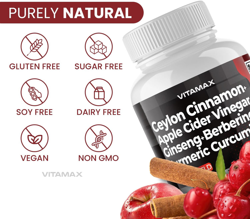 Vitamax Complejo de Canela de Ceilán, Vinagre de Manzana y Cúrcuma con Ginseng, Berberina y 12 Ingredientes Más - 60 Cápsulas
