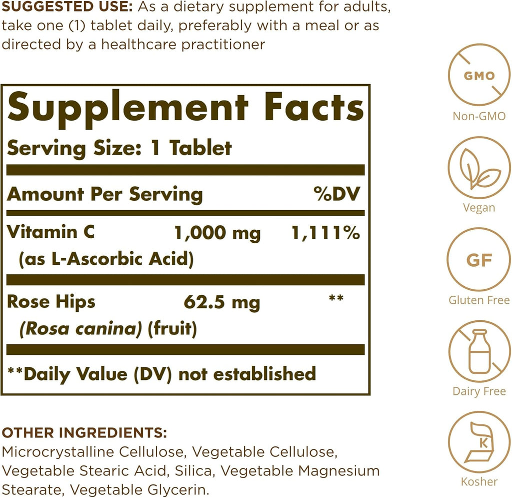 Solgar Vitamin C 1000 mg with Rose Hips - 100 Tablets - Antioxidant & Immune Support - Gluten Free, Vegan
