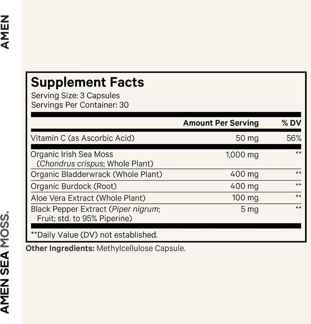 Amen Sea Moss, 1000 mg Musgo Marino Orgánico con Vejiga de Mar, Raíz de Bardana, Vitamina C y Pimienta Negra - 90 Cápsulas Veganas