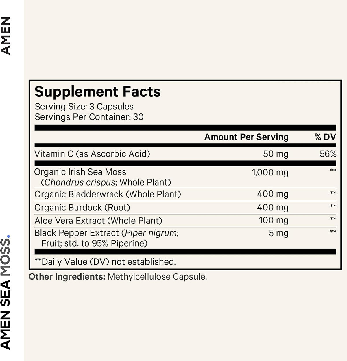 Amen Sea Moss, 1000 mg Musgo Marino Orgánico con Vejiga de Mar, Raíz de Bardana, Vitamina C y Pimienta Negra - 90 Cápsulas – Image 2