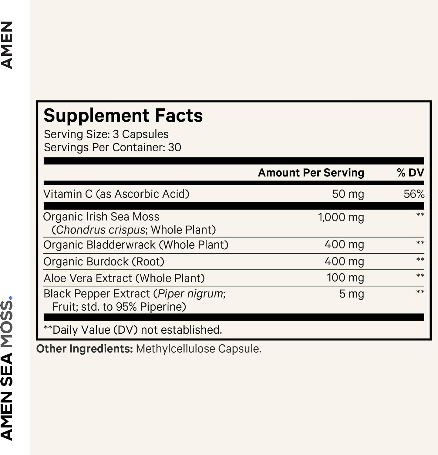Amen Sea Moss, 1000 mg Musgo Marino Orgánico con Vejiga de Mar, Raíz de Bardana, Vitamina C y Pimienta Negra - 90 Cápsulas Veganas