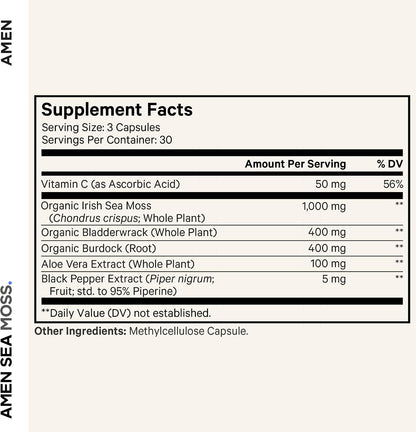 Amen Sea Moss, 1000 mg Musgo Marino Orgánico con Vejiga de Mar, Raíz de Bardana, Vitamina C y Pimienta Negra - 90 Cápsulas – Image 2