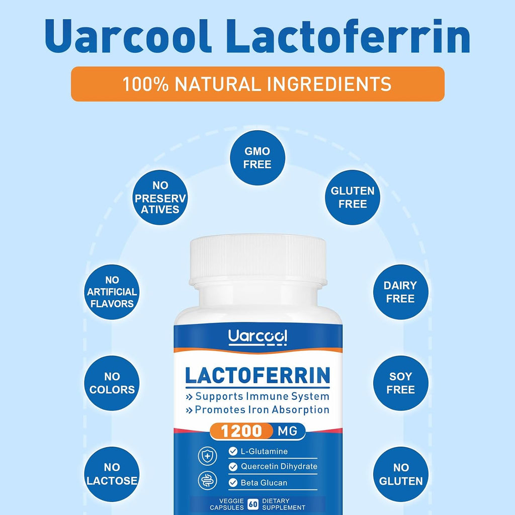 Uarcool Lactoferrina 1200mg con L-Glutamina, Quercetina, Beta Glucano, Zinc y Vitamina C – Suplemento Inmunitario, Sin Gluten, Vegetariano (60 Cápsulas)