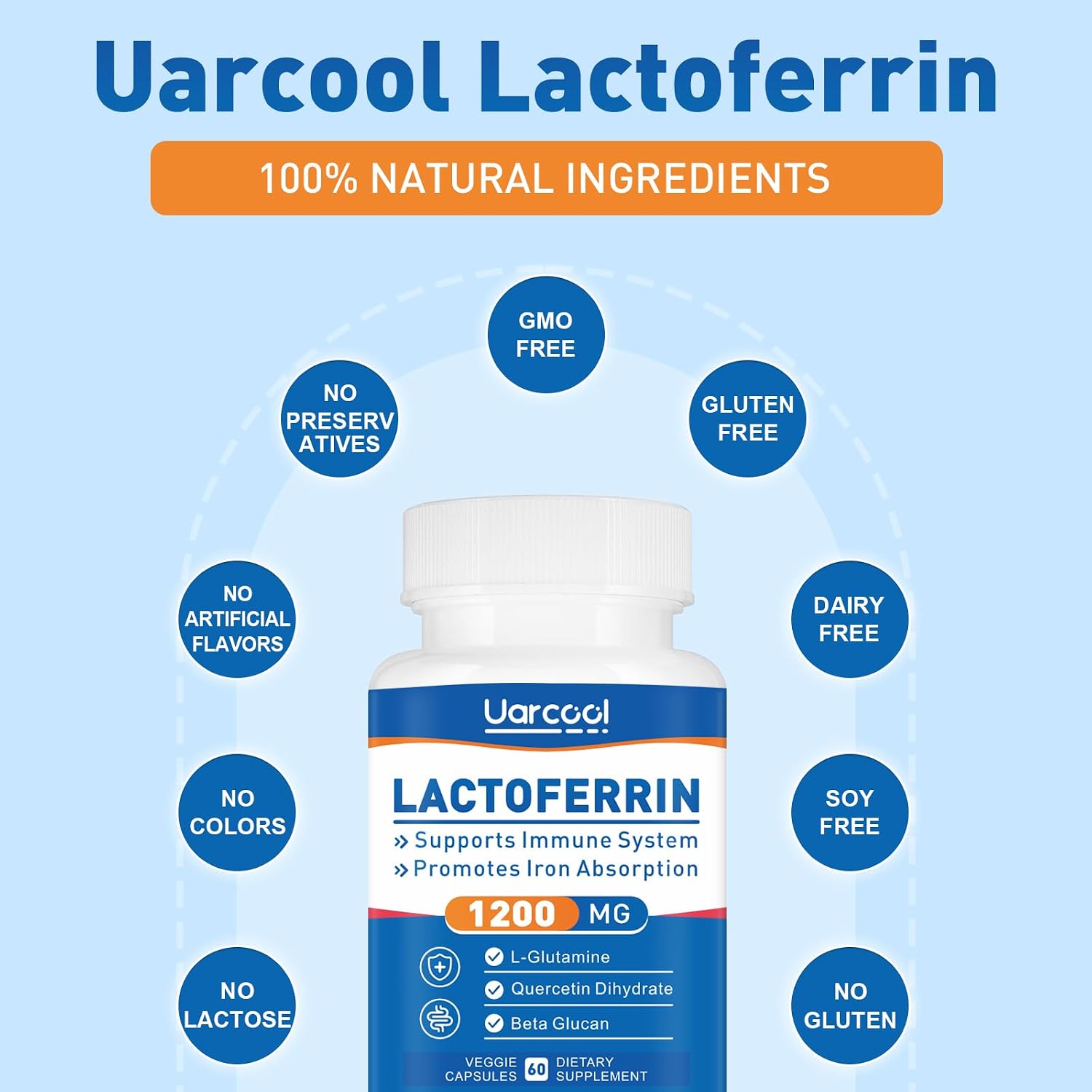 Uarcool Lactoferrina 1200 mg con L-Glutamina, Quercetina, Beta Glucano, Zinc y Vitamina C - 180 Cápsulas (3 Envases)