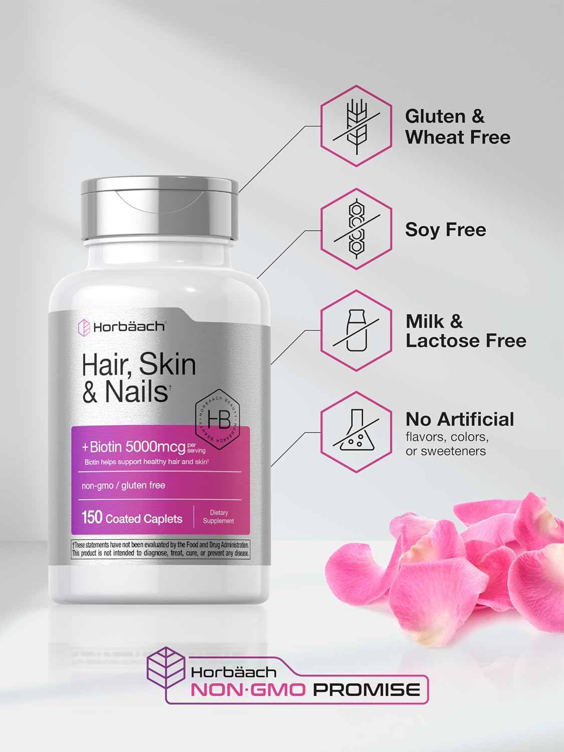 Horbäach Hair Skin & Nails Vitamin Supplement | 150 Coated Caplets | Formula with Biotin and Collagen | Non-GMO & Gluten Free – Image 5
