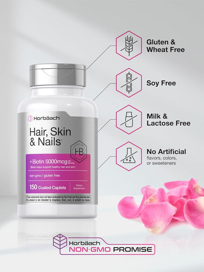 Horbäach Hair Skin & Nails Vitamin Supplement | 150 Coated Caplets | Formula with Biotin and Collagen | Non-GMO & Gluten Free – Image 5