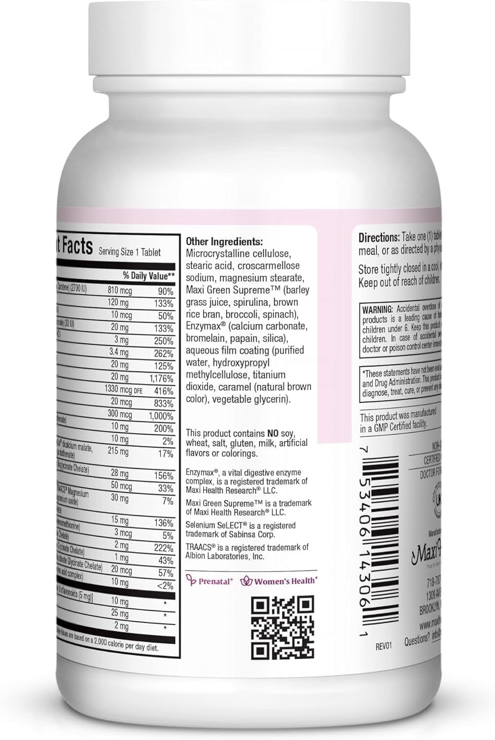 Maxi Health Vitaminas Prenatales para Mujer – Multivitamínico Diario con Hierro, Folato, Colina y Vitamina D3 – 60 Comprimidos