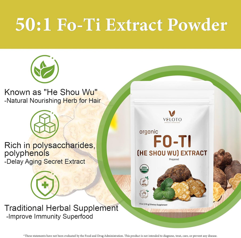 VELOTO Extracto Orgánico de He Shou Wu en Polvo 50:1 – Suplemento Herbal Puro de Fo-Ti, Sin Rellenos, Vegano, Tradicionalmente Usado para Cabello, Vitalidad y Antioxidante (170g)