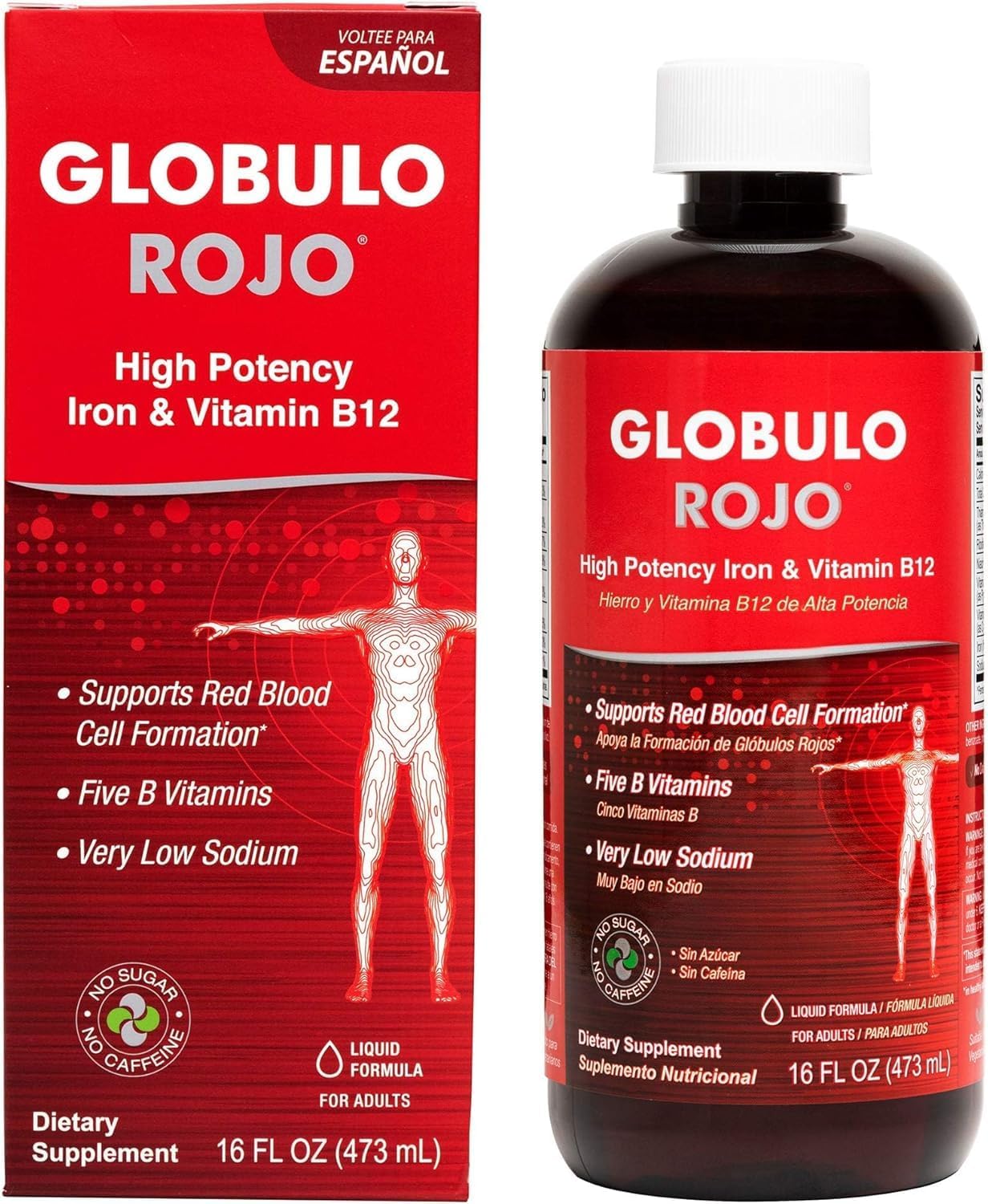 Globulo Rojo Suplemento de Hierro Líquido con Vitamina B12 - Alta Potencia - Vegano (1 Envase)