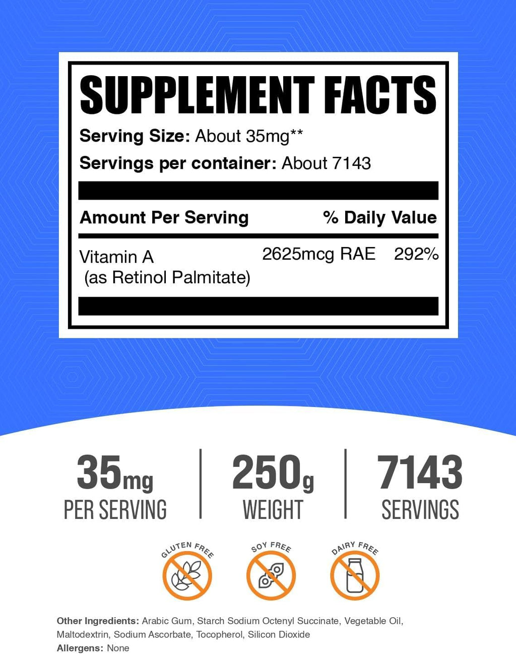 BulkSupplements.com Vitamina A Palmitato en Polvo - como Retinol Palmitato, Suplemento de Vitamina A, 35 mg por ración, 250 g (8.8 oz)