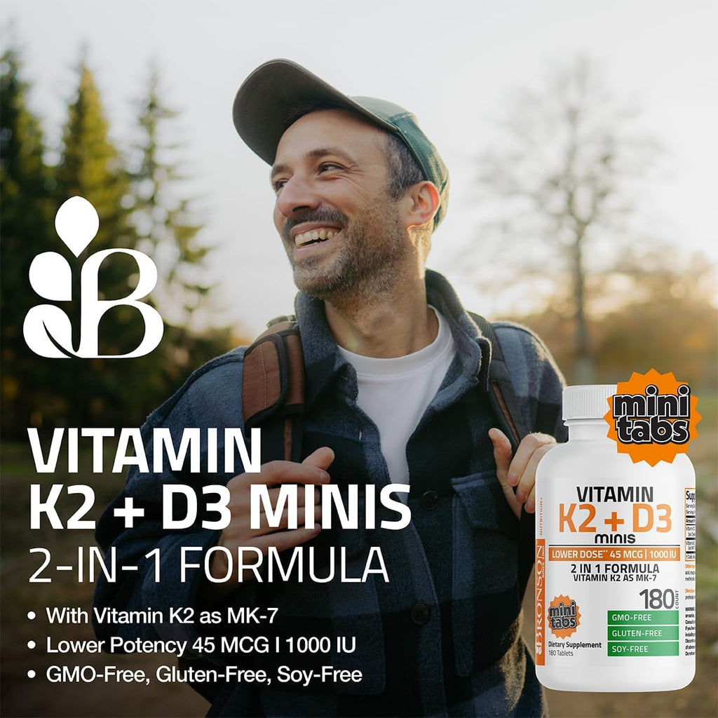 Bronson Vitamina K2 (MK-7) con D3 Dosis Baja 45 mcg K2 y 1000 UI D3 Comprimidos Mini para Mantenimiento Diario 2 en 1 No GMO, 180 Comprimidos