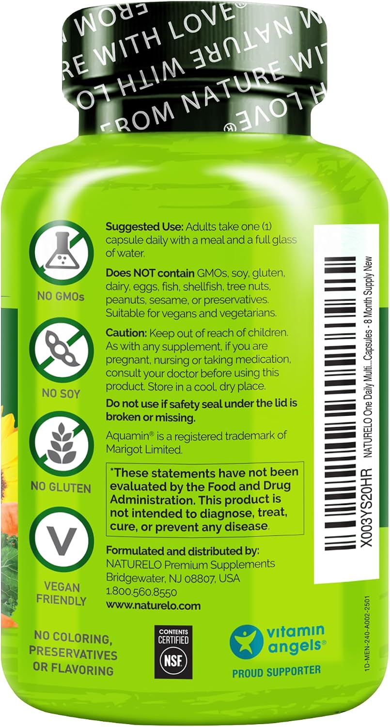NATURELO Multivitamínico Diario para Hombres con Vitaminas, Minerales y Alimentos Integrales Orgánicos - 240 Cápsulas Vegetarianas