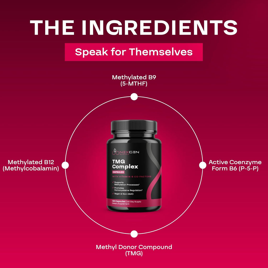 Suplemento de TMG Trimethylglycine con Complejo B Metilado - 500mg de Betaína TMG con Cofactores de Vitaminas B Metiladas para Apoyo de Homocisteína, Corazón e Hígado - Vegano y No GMO (Suministro de 2 Meses)
