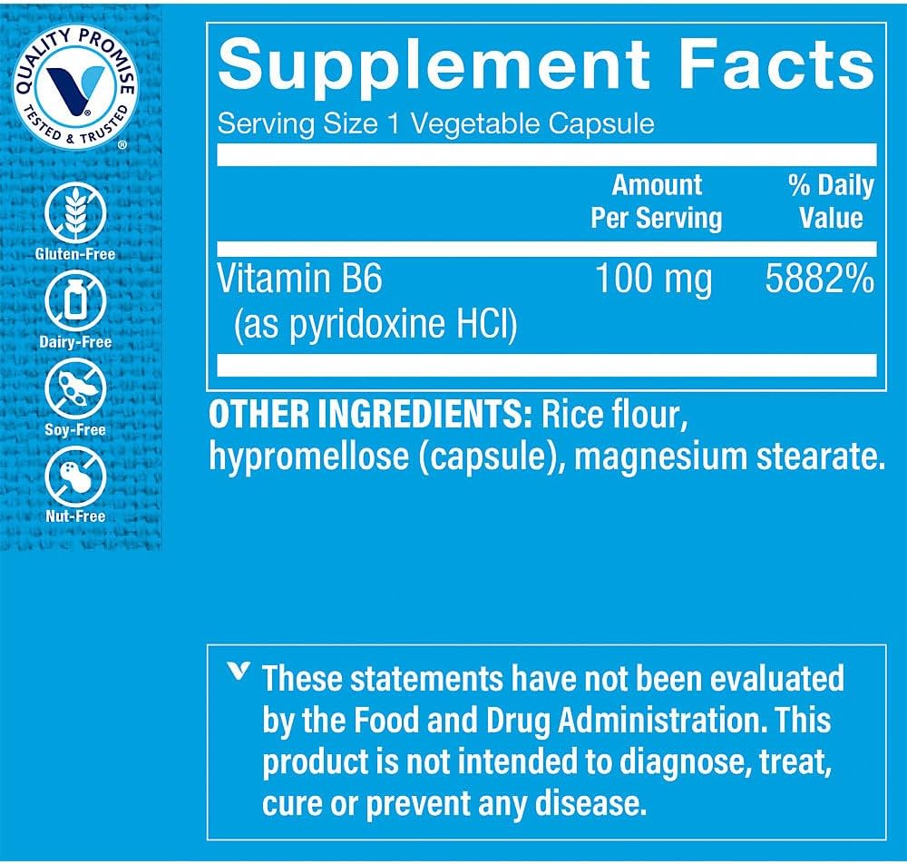 Vitamina B6 100 mg, 300 cápsulas vegetales - Metabolismo Energético y Función Cerebral | The Vitamin Shoppe