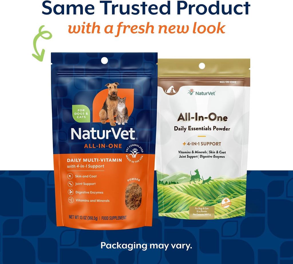 NaturVet Suplemento All-in-One para Perros - Apoyo para Articulaciones, Digestión, Piel y Pelaje - Multivitamínico con Minerales, Omega-3, 6, 9 - Sin Trigo - 368 g