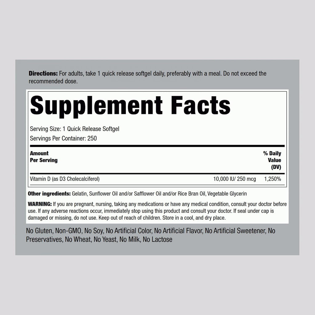 Piping Rock Vitamina D3 10000 UI | 250 mcg | 250 Cápsulas Blandas | Alta Potencia | Sin OGM y Sin Gluten