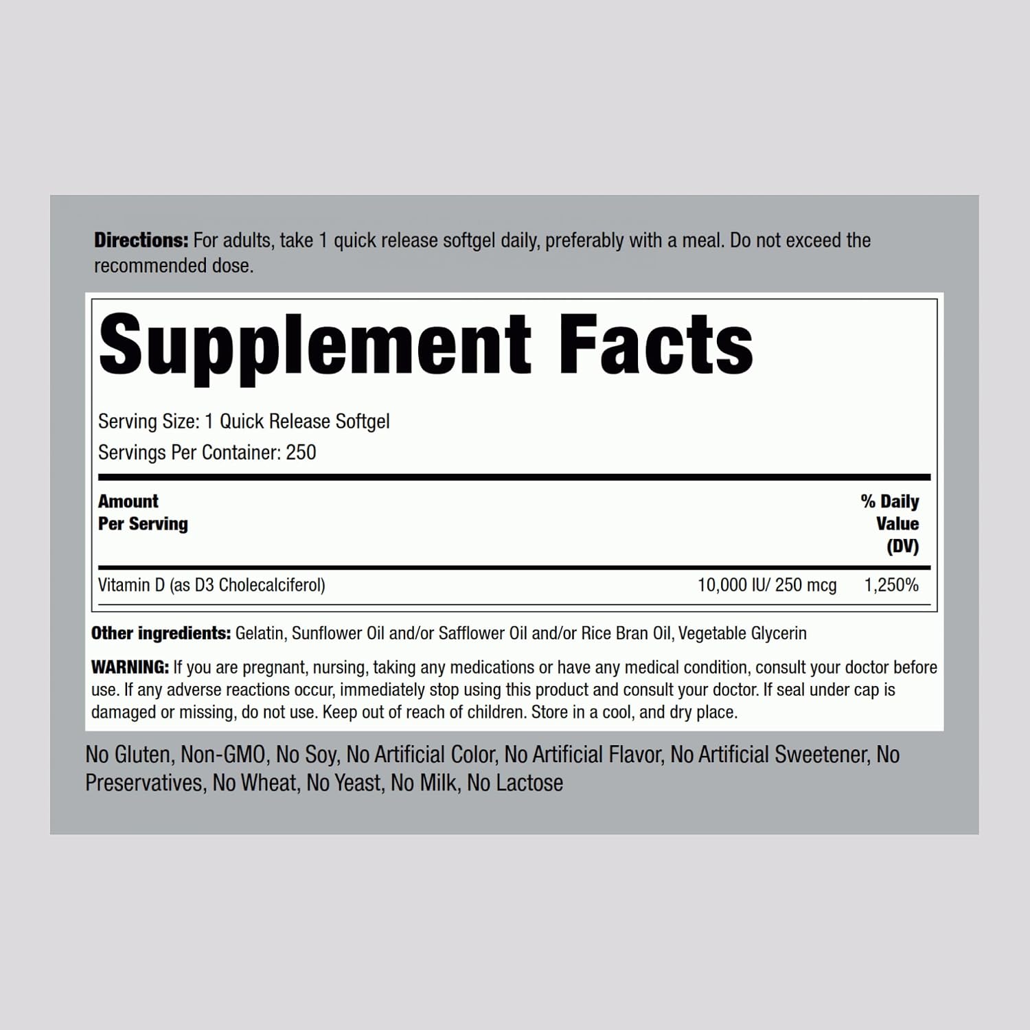 Piping Rock Vitamina D3 10000 UI | 250 mcg | 250 Cápsulas Blandas | Alta Potencia | Sin OGM y Sin Gluten