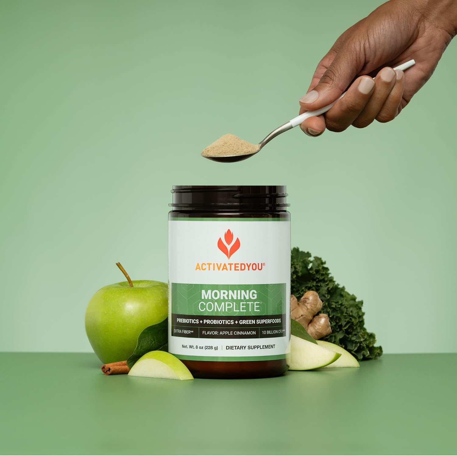 ACTIVATEDYOU Morning Complete - Mezcla de Superalimentos Verdes con Prebióticos, Probióticos y Antioxidantes, 30 Raciones (Manzana Canela)