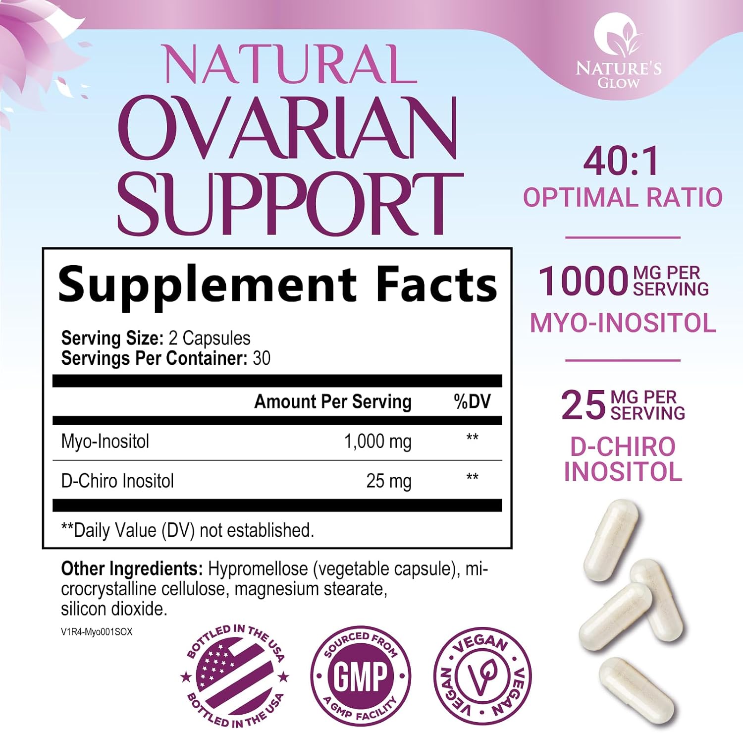 Myo-Inositol y D-Chiro Inositol 1025mg - Ratio 40:1 - Apoyo Ovárico y Hormonal - Vegano - Vitamina B8 - 60 Cápsulas