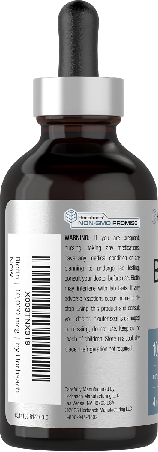 Horbäach Biotin Liquid Drops 10000mcg | 118 ml | Sabor Berry | Vegetariano, No-GMO y Sin Gluten