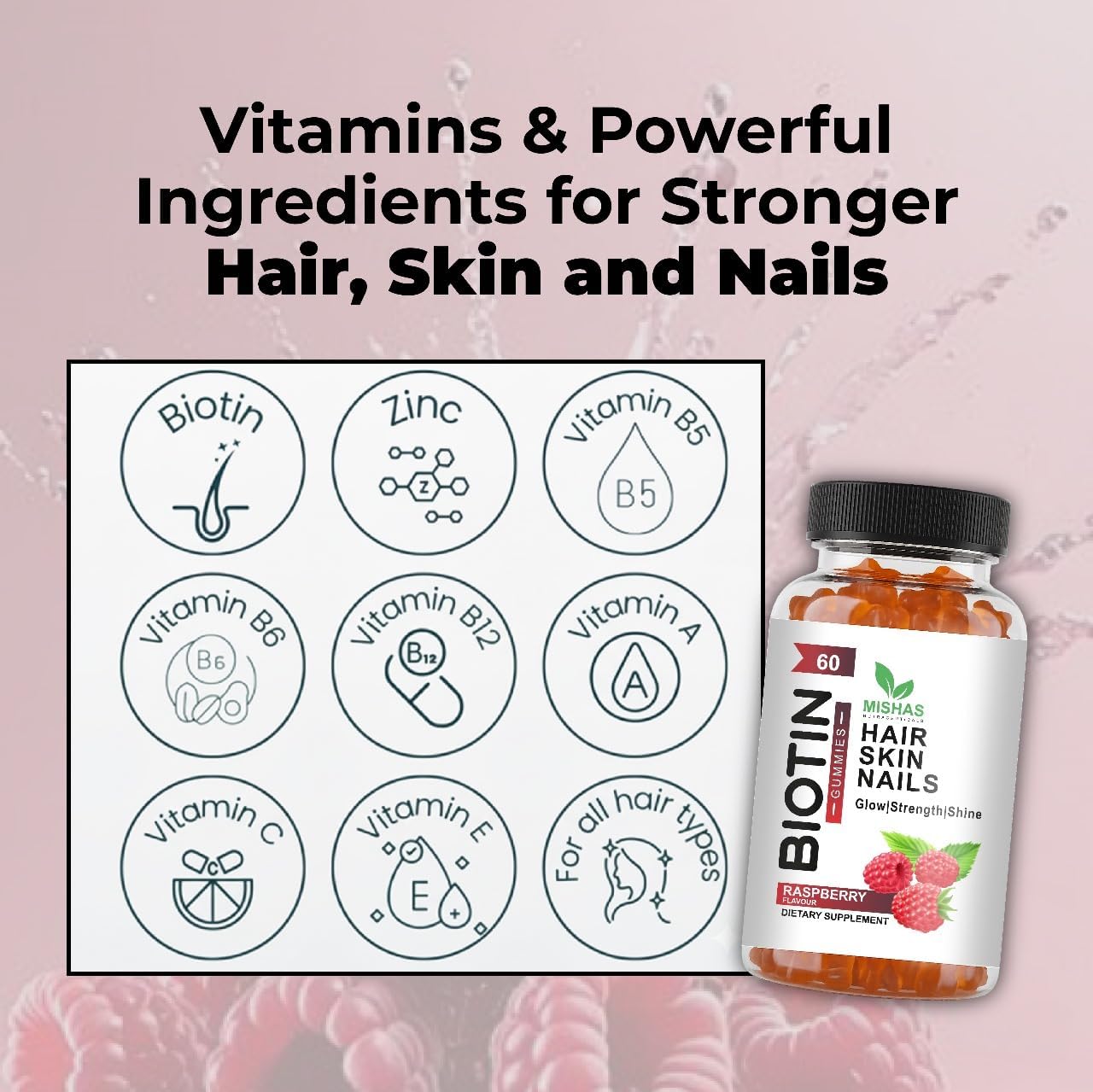 Mishas Nutraceuticals Gominolas de Biotina para Cabello, Piel y Uñas - Extra Fuerte, 60 unidades