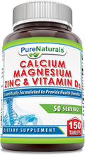 Pure Naturals Calcio, Magnesio, Zinc y Vitamina D3 - 150 Comprimidos