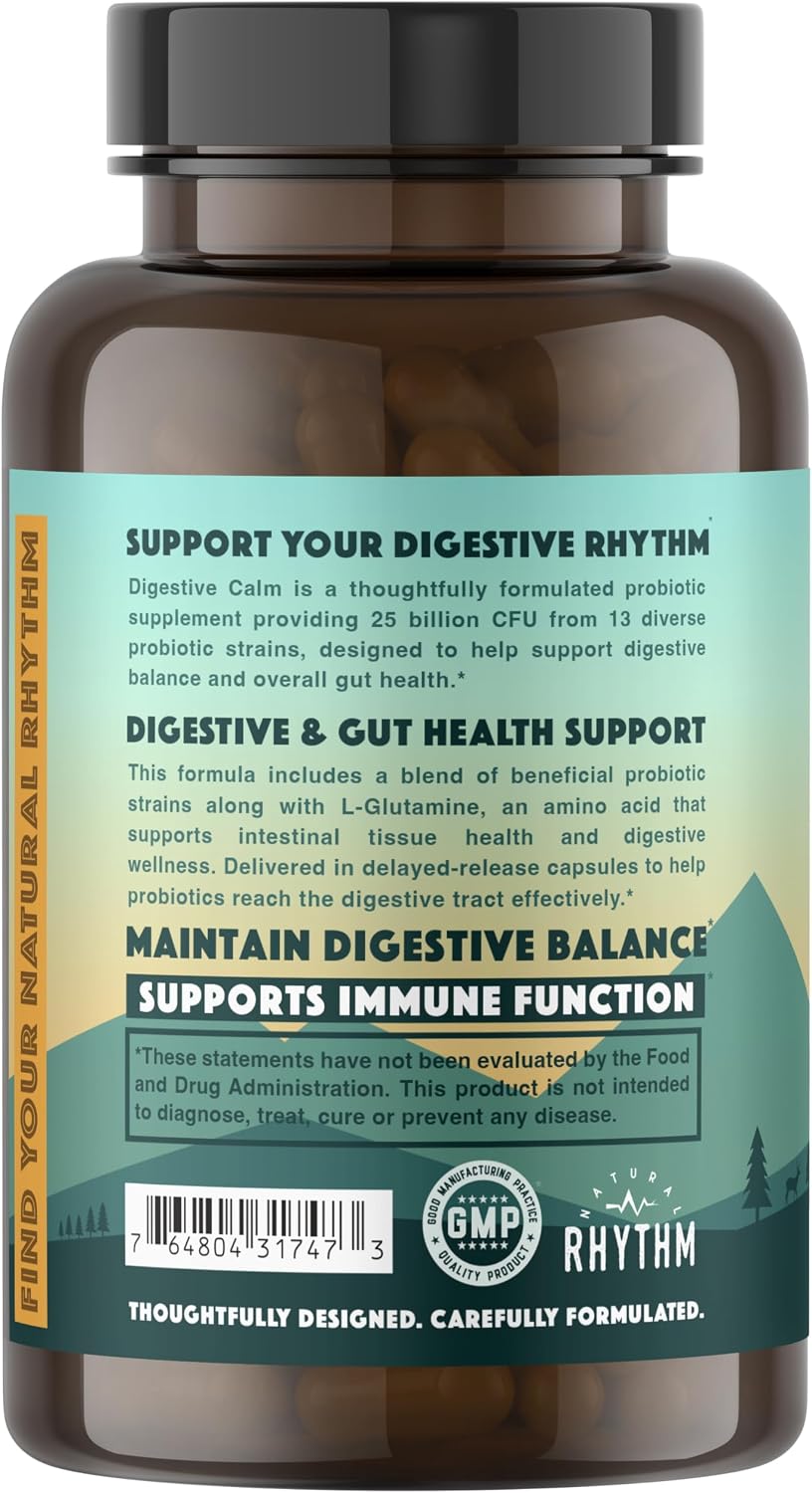 Natural Rhythm Digestive Calm Probiotic + L-Glutamine – 25B CFU, 13 Cepas, Suplemento Digestivo e Inmunitario, 60 Cápsulas Vegetarianas