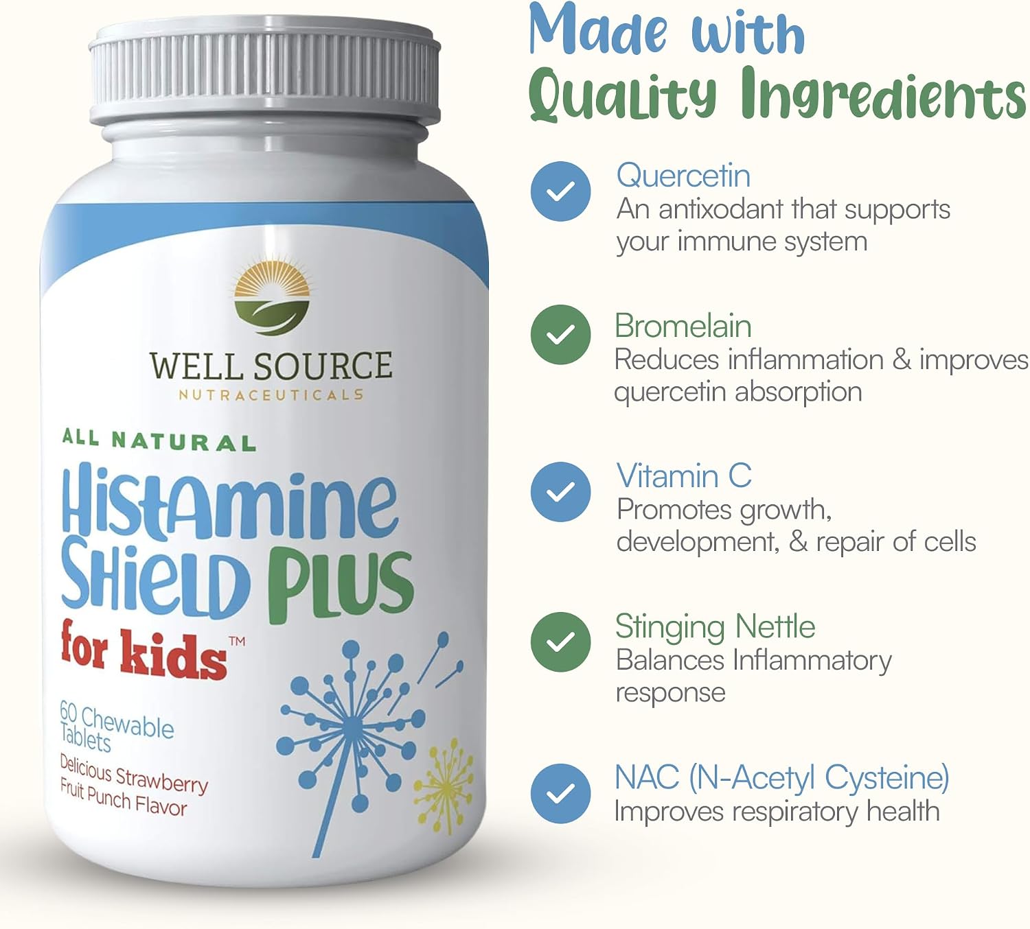 Histamine Shield Plus Antihistamínico Natural para Niños, 60 Comprimidos Masticables Sabor Fresa