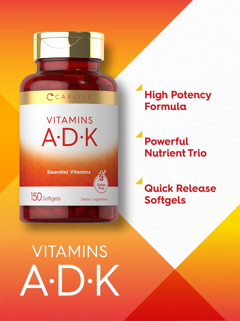 Carlyle Vitamin ADK Supplement | 150 Softgels | con Vitaminas A, D3 (5000 UI), K1, K2 (MK-4 y MK-7) | No GMO, Sin Gluten