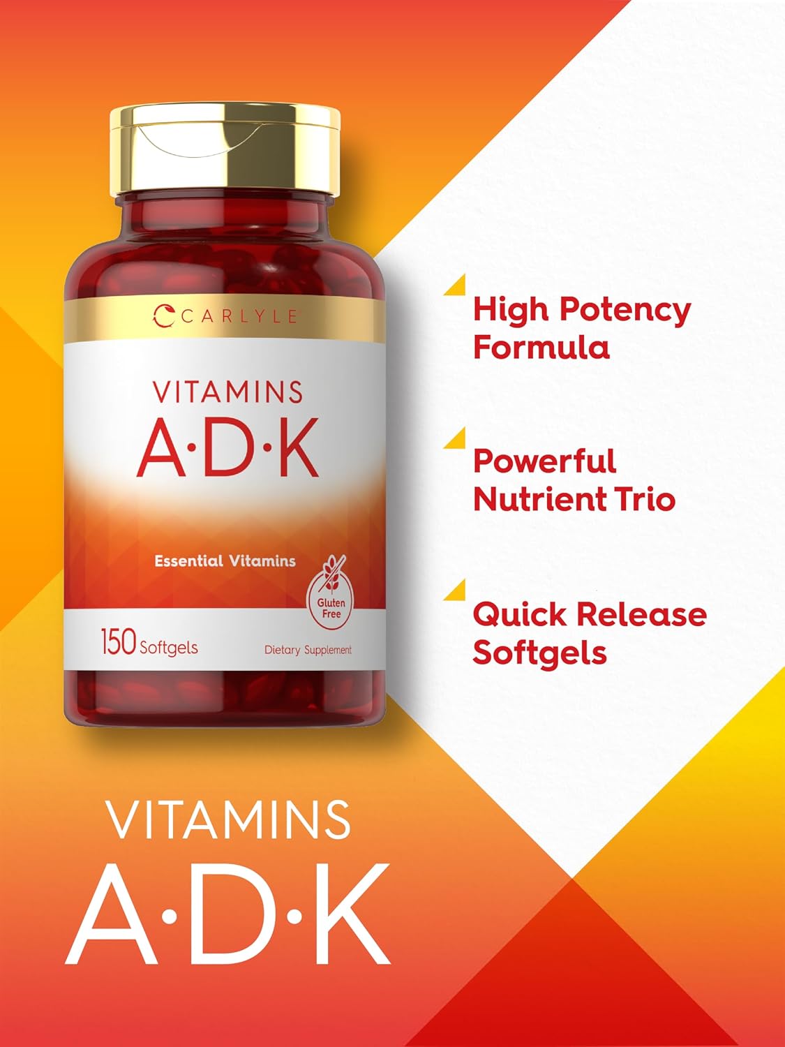 Carlyle Vitamin ADK Supplement | 150 Softgels | con Vitaminas A, D3 (5000 UI), K1, K2 (MK-4 y MK-7) | No GMO, Sin Gluten