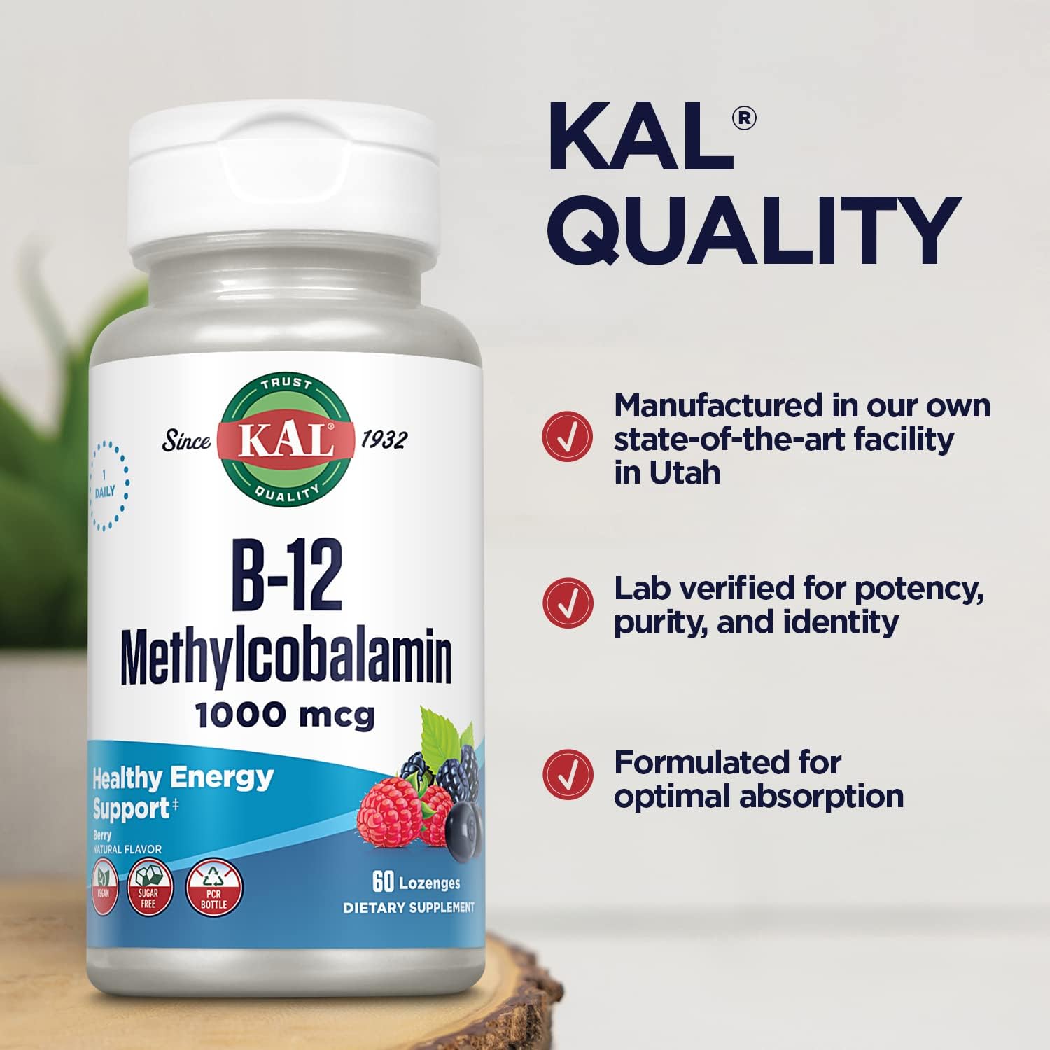 KAL Vitamina B-12 Metilcobalamina 1000 mcg - Comprimidos sabor baya natural, 60 unidades