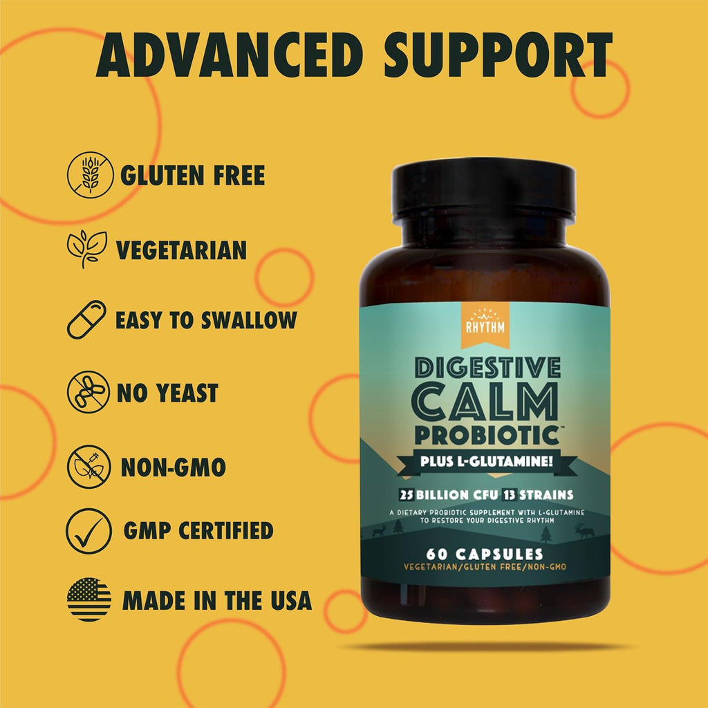 Natural Rhythm Digestive Calm Probiotic + L-Glutamine – 25B CFU, 13 Cepas, Suplemento Digestivo e Inmunitario, 60 Cápsulas Vegetarianas