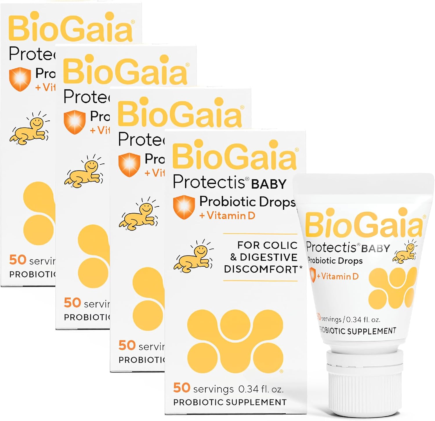 BioGaia Gotas Probióticas Bebé con Vitamina D - Alivio de Cólicos y Gases, Suministro para 50 Días, Seguro para Recién Nacidos, Sin Alérgenos (Paquete de 4)